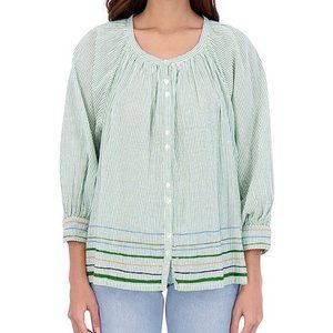 Roller Rabbit Murello Ada Striped Top S small blouson sleeve green embroidered